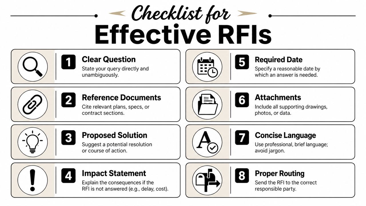 A checklist infographic outlining eight essential components for creating effective Requests for Information in construction projects.