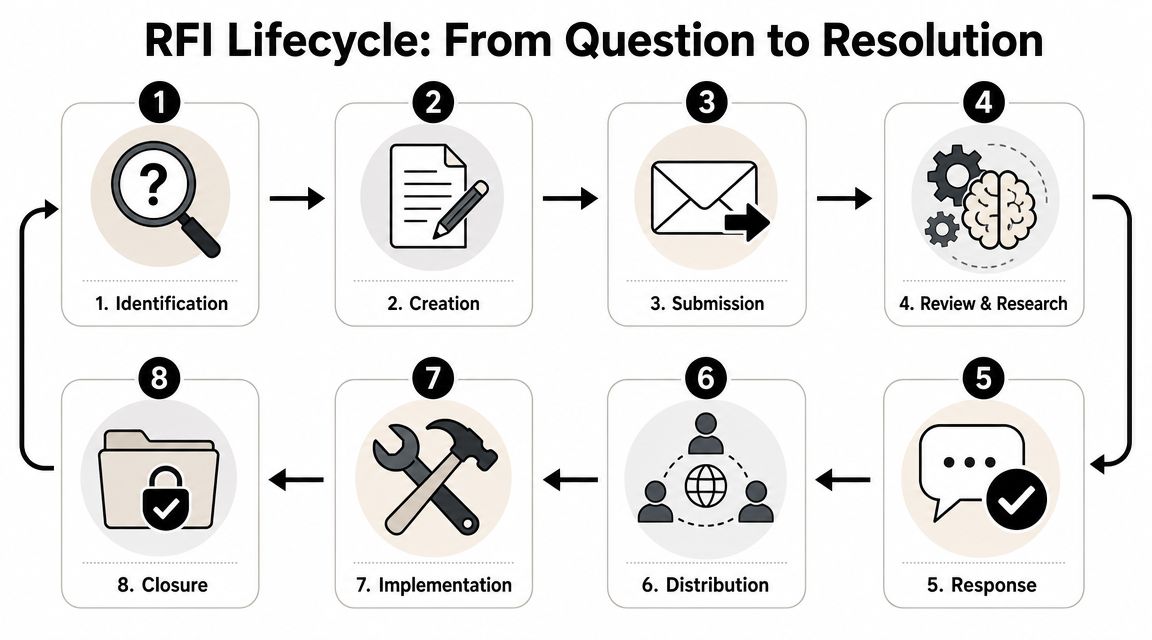 A diagram illustrating the eight steps of an RFI lifecycle from identification to final closure and documentation.