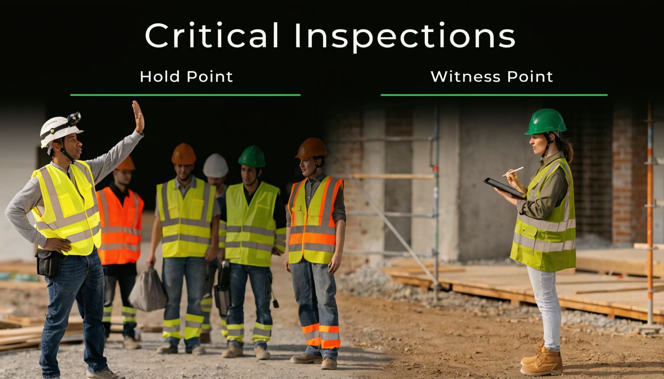 A diverse construction team stands on a site with a supervisor explaining technical hold points.