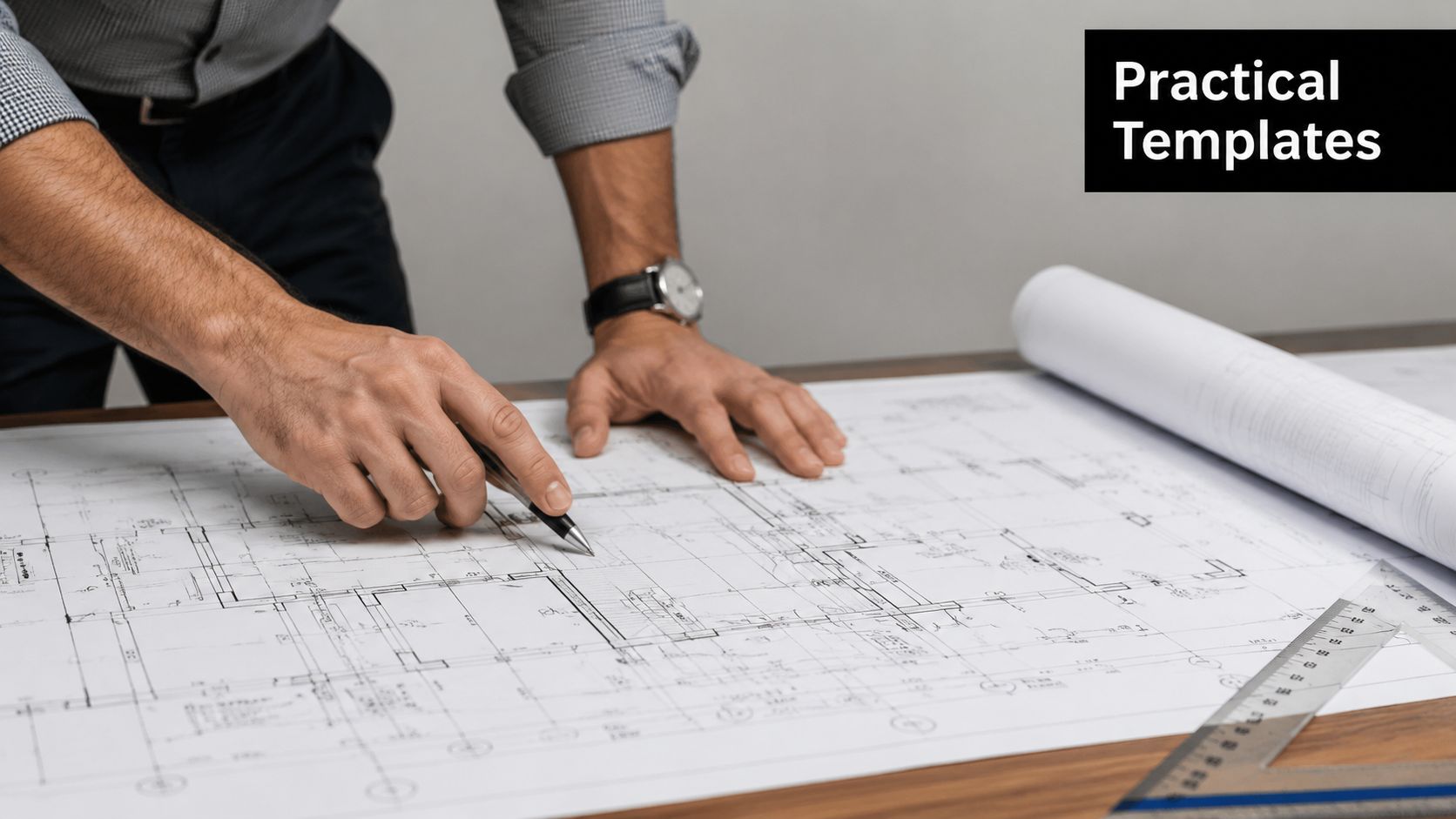 An architect in a shirt analyzing construction blueprints on a wooden table with a pen.
