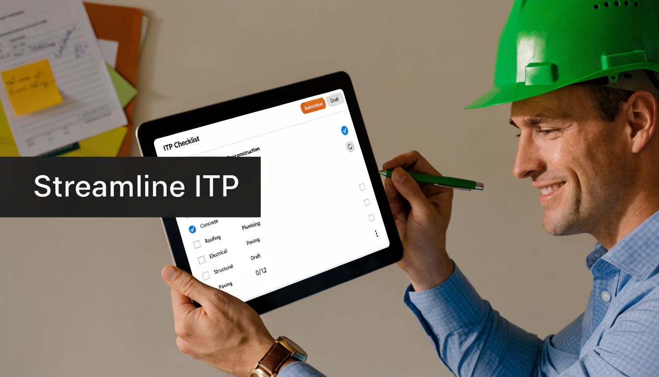 A construction engineer in a green hard hat using a digital tablet to review an ITP checklist.