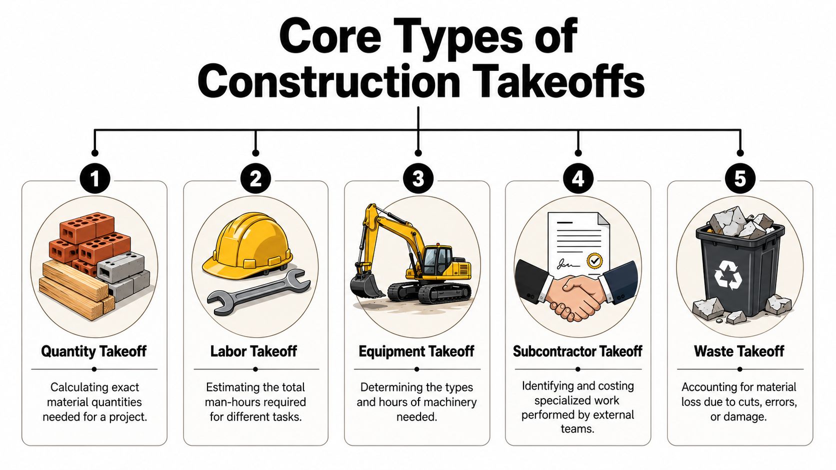 An infographic illustrating five core types of construction takeoffs including materials, labor, equipment, subcontractors, and waste.