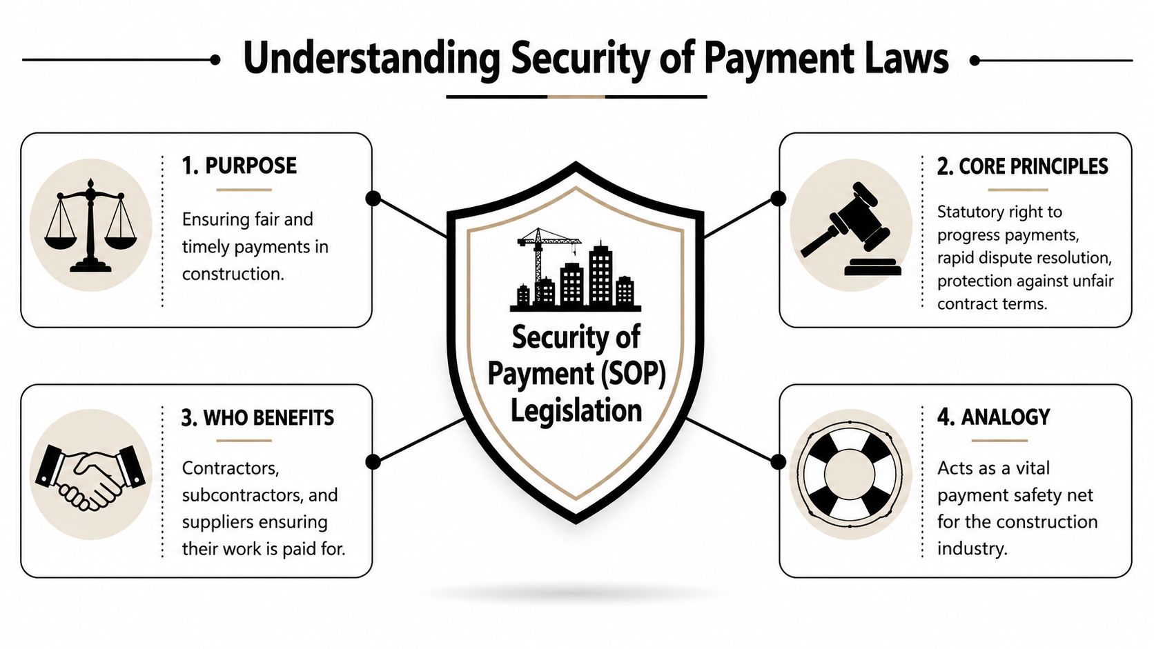 An infographic titled Understanding Security of Payment Laws, showing four key aspects of construction payment legislation.