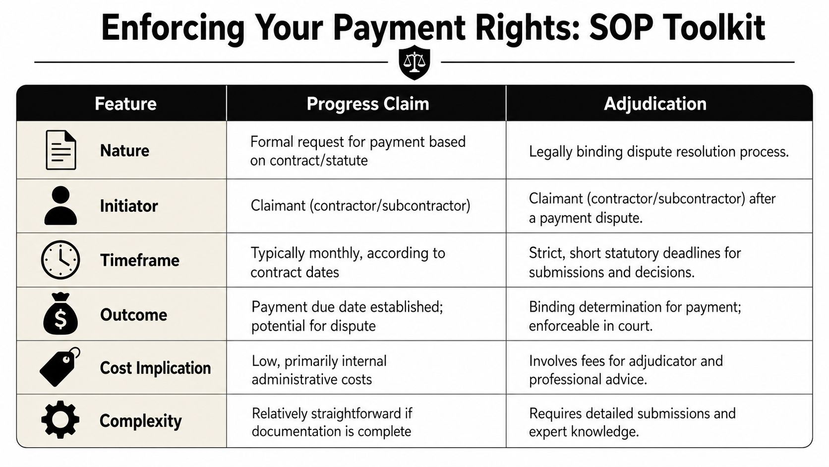 A comparison table outlining key differences between a progress claim and adjudication for construction payment rights.