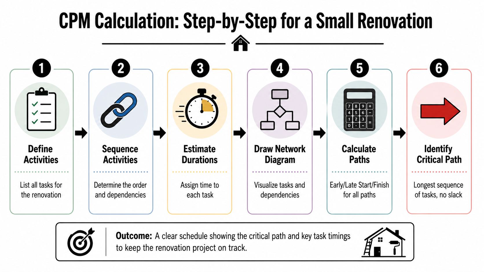A six-step infographic illustrating the critical path method process for planning a small home renovation project.