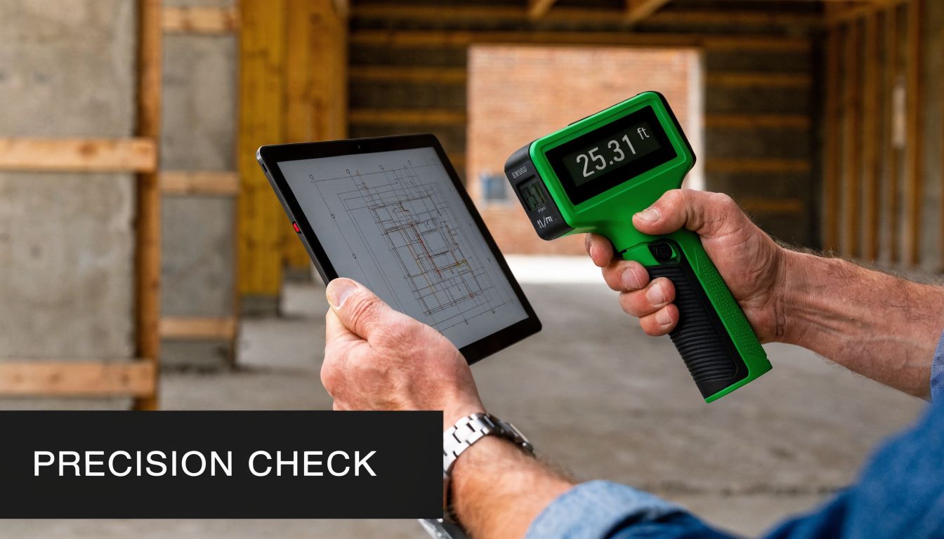 A construction worker uses a digital measuring device to verify measurements against an as-built drawing on a tablet.