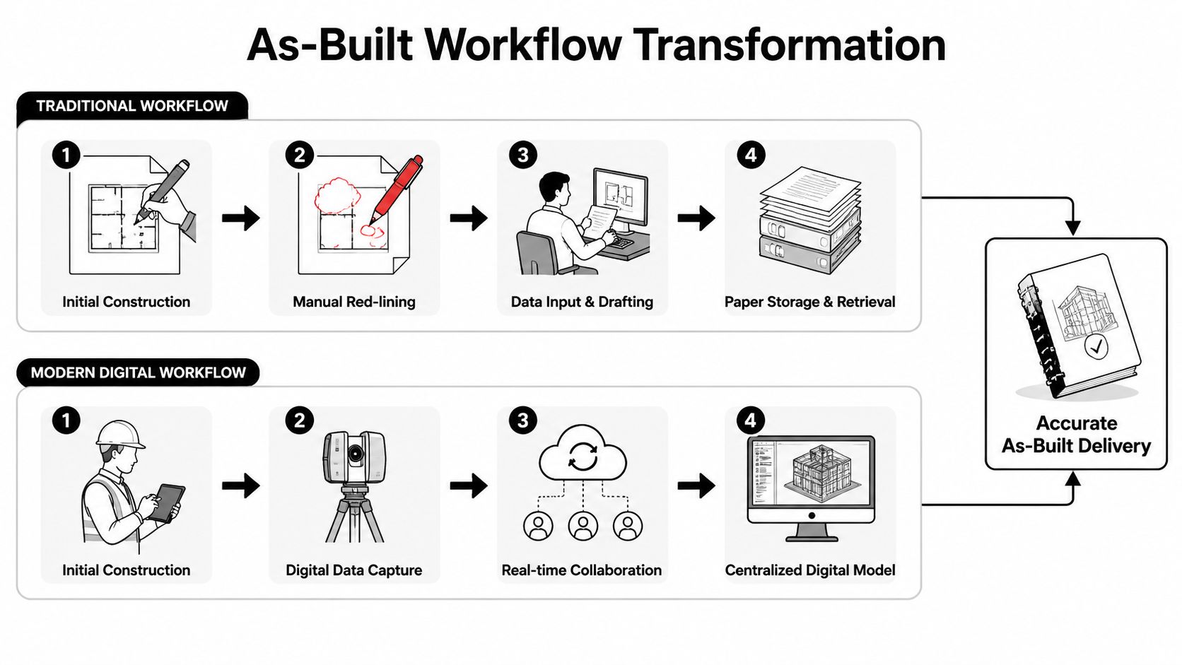 A diagram contrasting a traditional paper-based construction workflow with a modern digital as-built process for building projects.