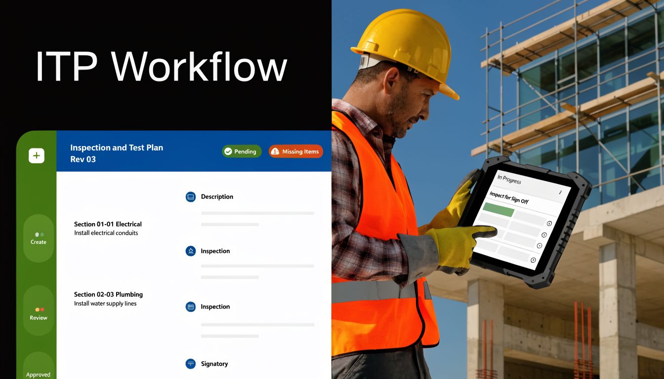 A construction worker holding a rugged digital tablet while reviewing an ITP workflow document on site.