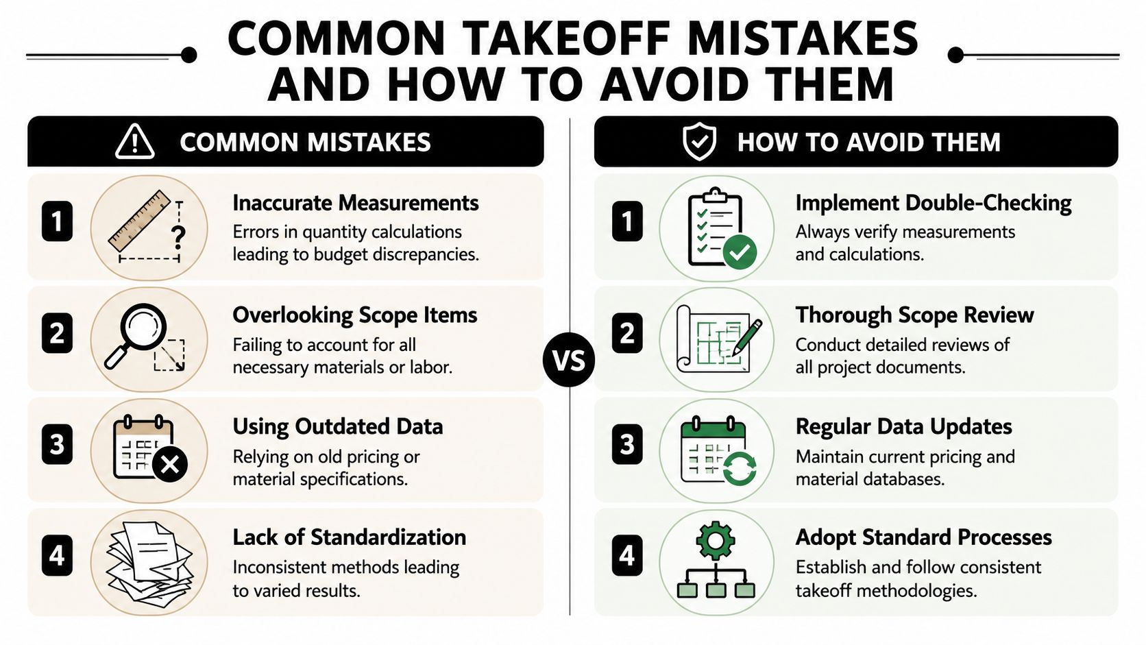 An infographic comparing common construction takeoff mistakes and the corresponding solutions to avoid them effectively.