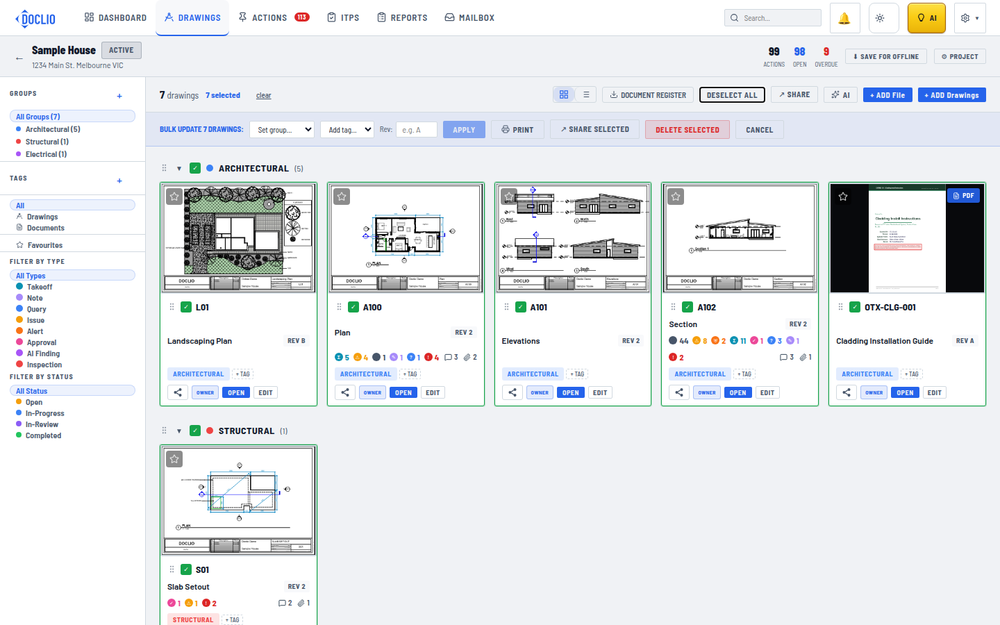 Drawing gallery showing selection checkboxes and bulk action options