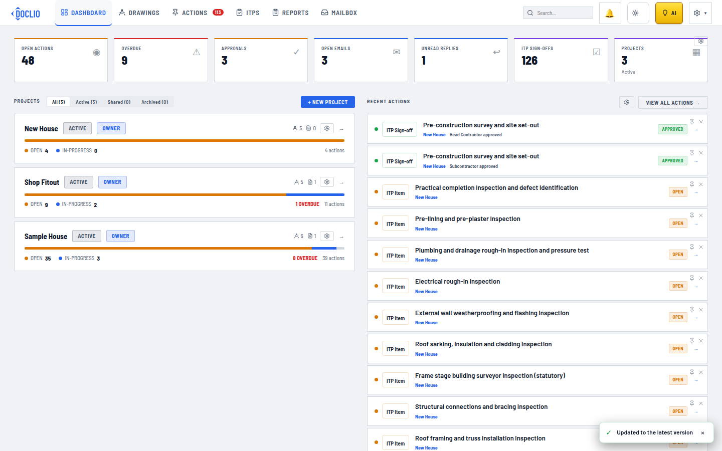 Dashboard with the + New Project button to create your first project