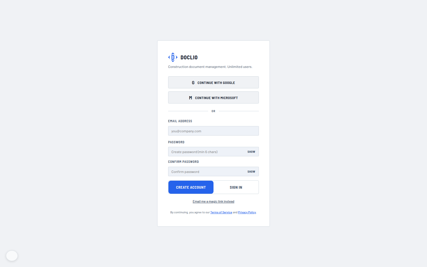 The Doclio sign-up screen