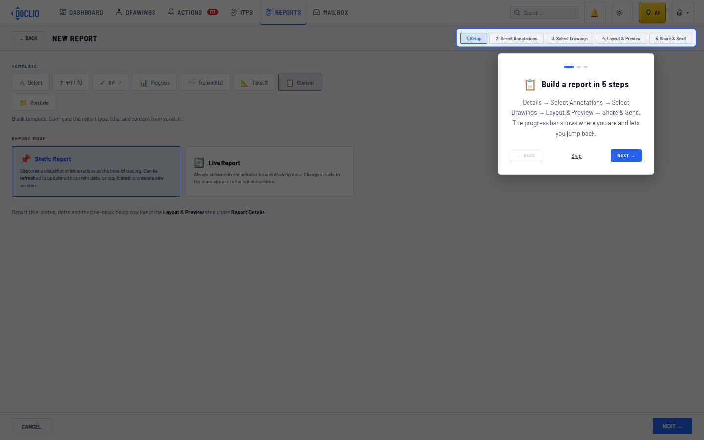 The Reports tab showing existing reports with type, status, and mode badges