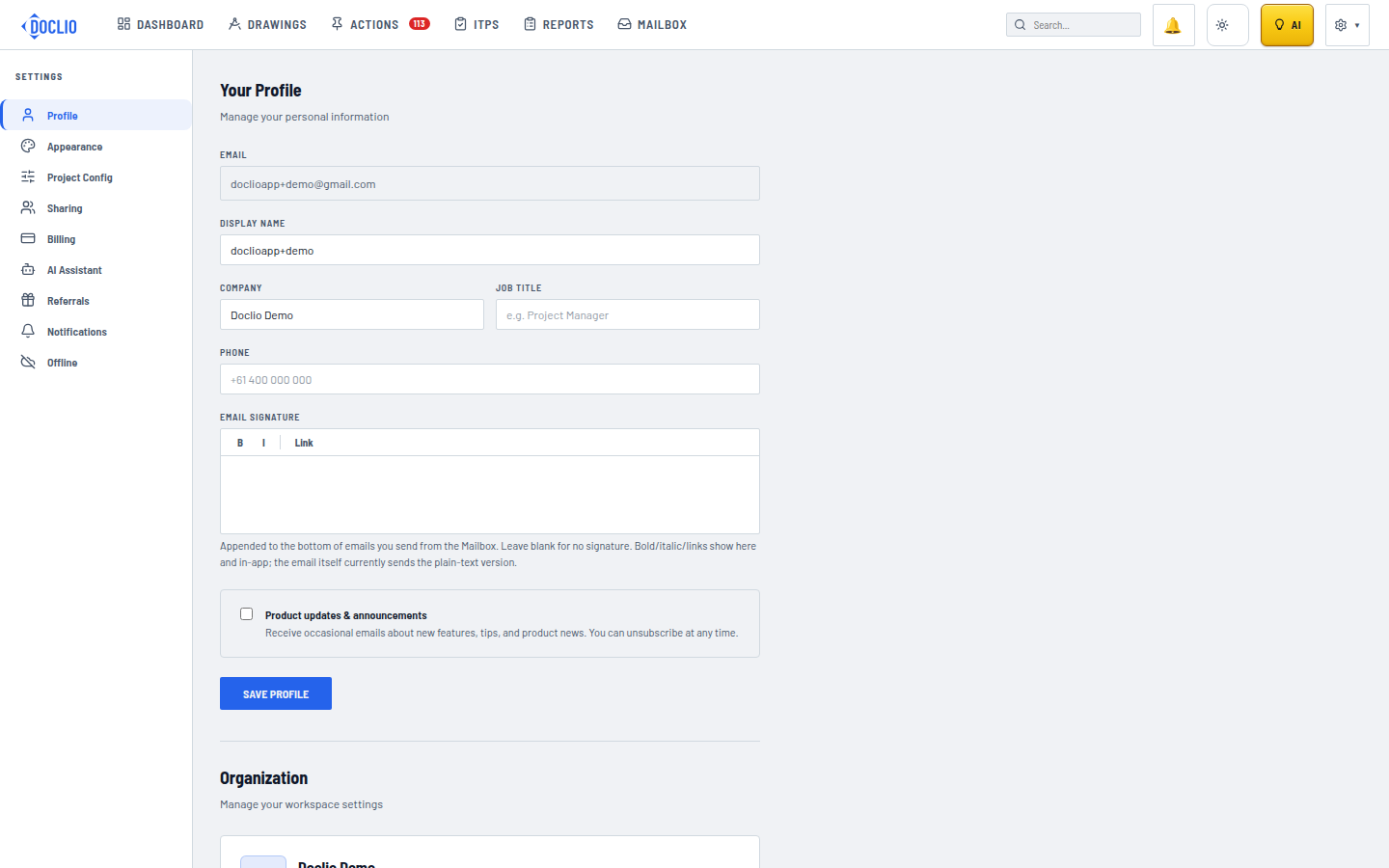 Doclio profile settings showing display name, company, job title, and phone fields